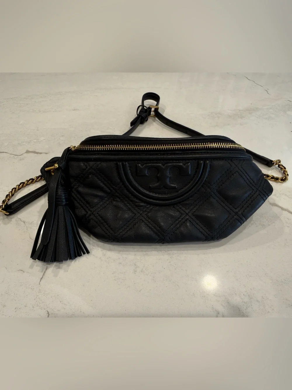 Tory Burch Black Quilted Leather Crossbody Belt Bag with Tassel Accent
